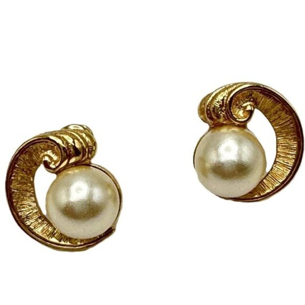Vintage Costume Earrings Gold Scroll and Pearl Studs 1/2 Inch